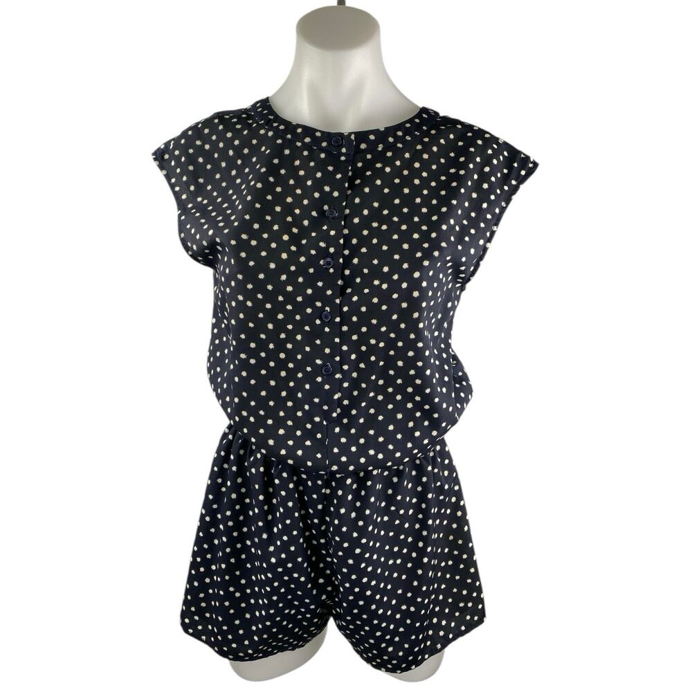 Aqua Women's Blue Polka Dots Button Down Short Cap Sleeve Jumpsuit Romper Size S